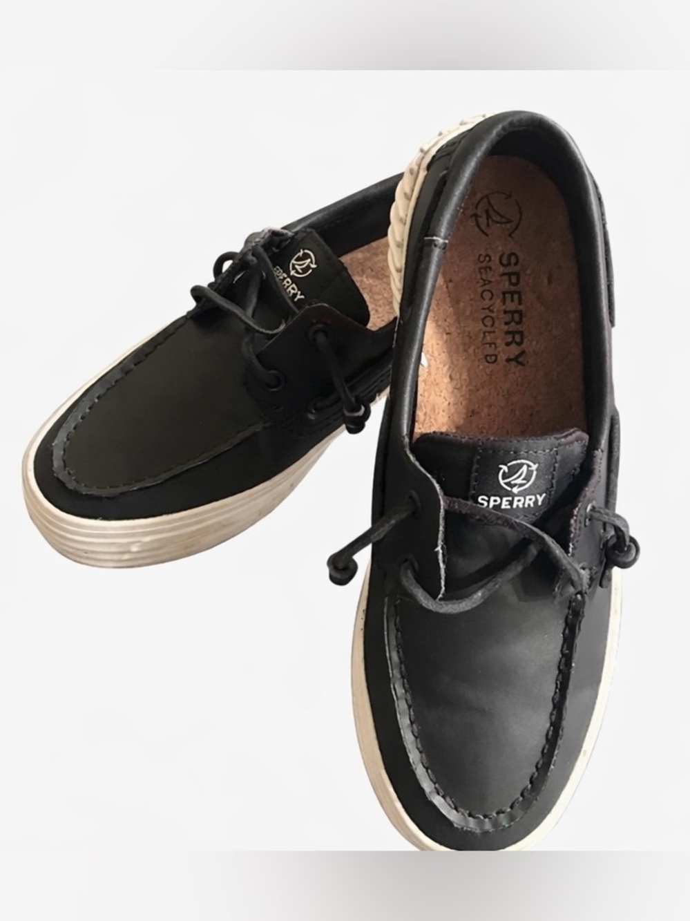 Sperry Black Leather 2-Eye Boat Shoes with White Sole